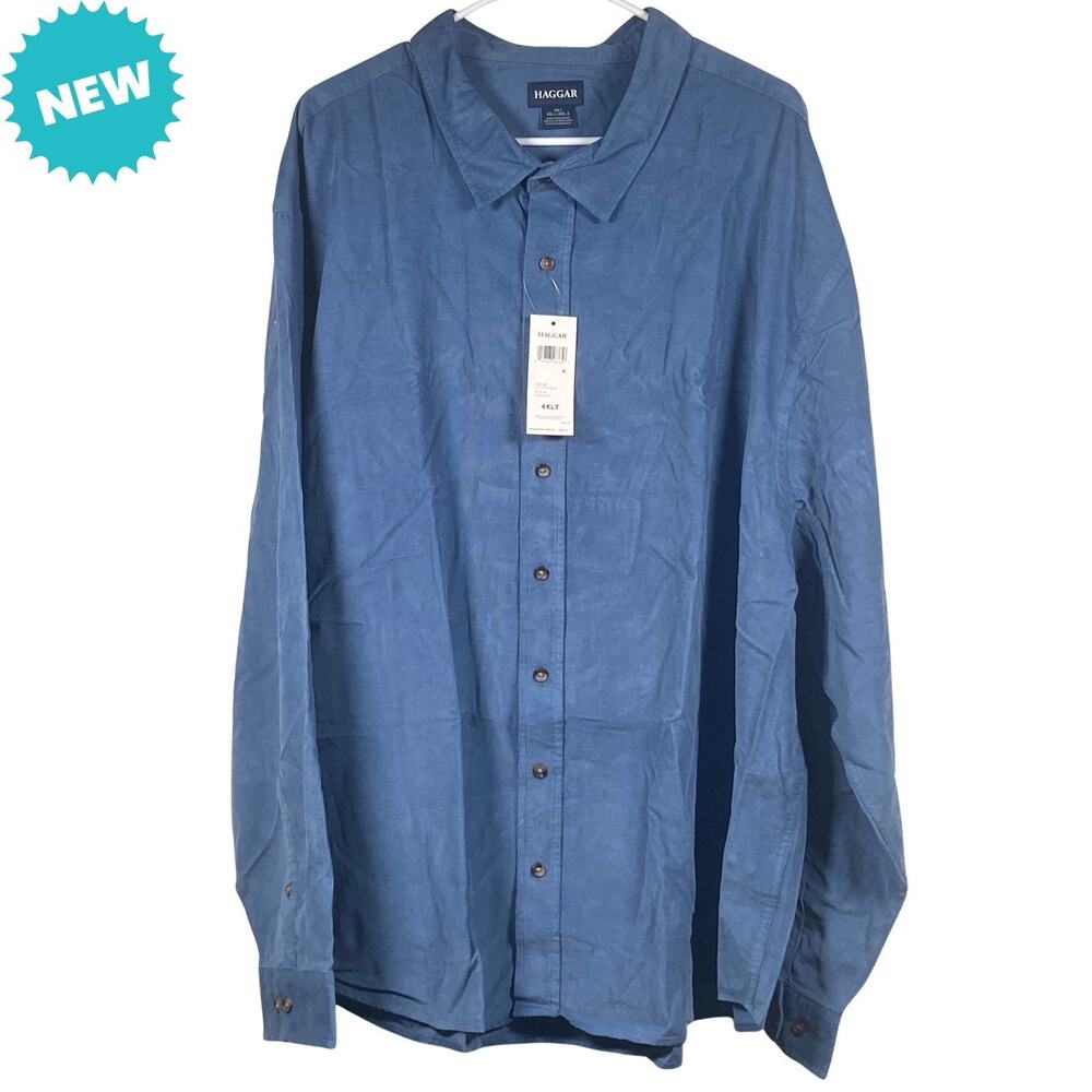 Haggar Corduroy Men's 4XLT Big & Tall Button-Down Shirt Long Sleeve Blue Soft